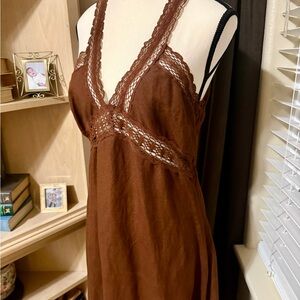 Elegant Brown Lace Trim Linen LOFT Dress